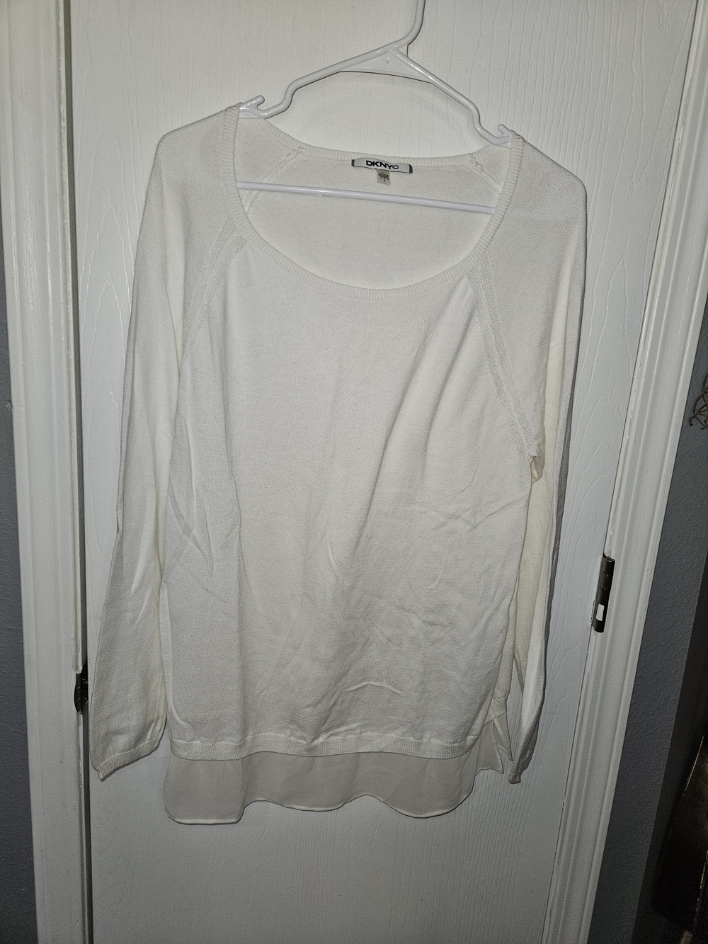 DKNYC Off White Scoop Neck Long Sleeve Top with Layered Hem